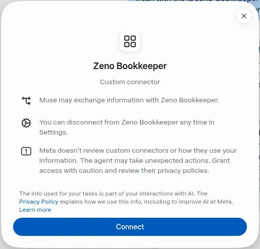Muse’s Zeno Bookkeeper custom connector dialog with a Connect button