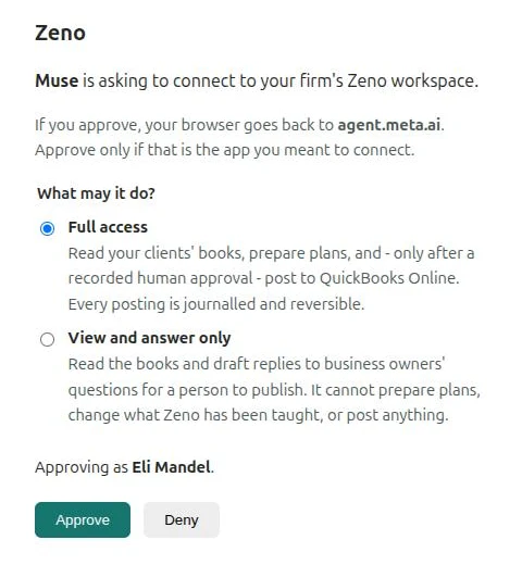 Zeno’s page asking whether Muse may connect, with full access or view and answer only