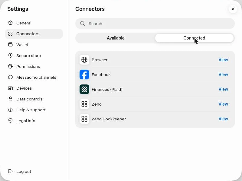 Muse Settings, Connectors, Connected, listing Zeno Bookkeeper