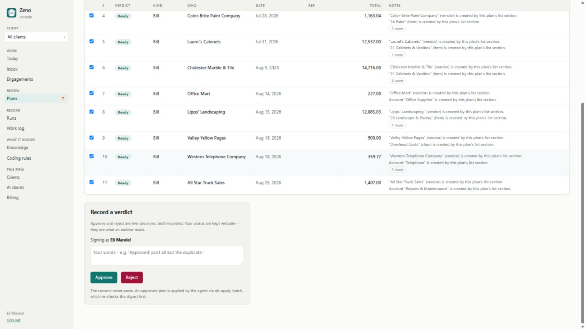 Zeno migration plan showing the empty human verdict box and approve or reject controls