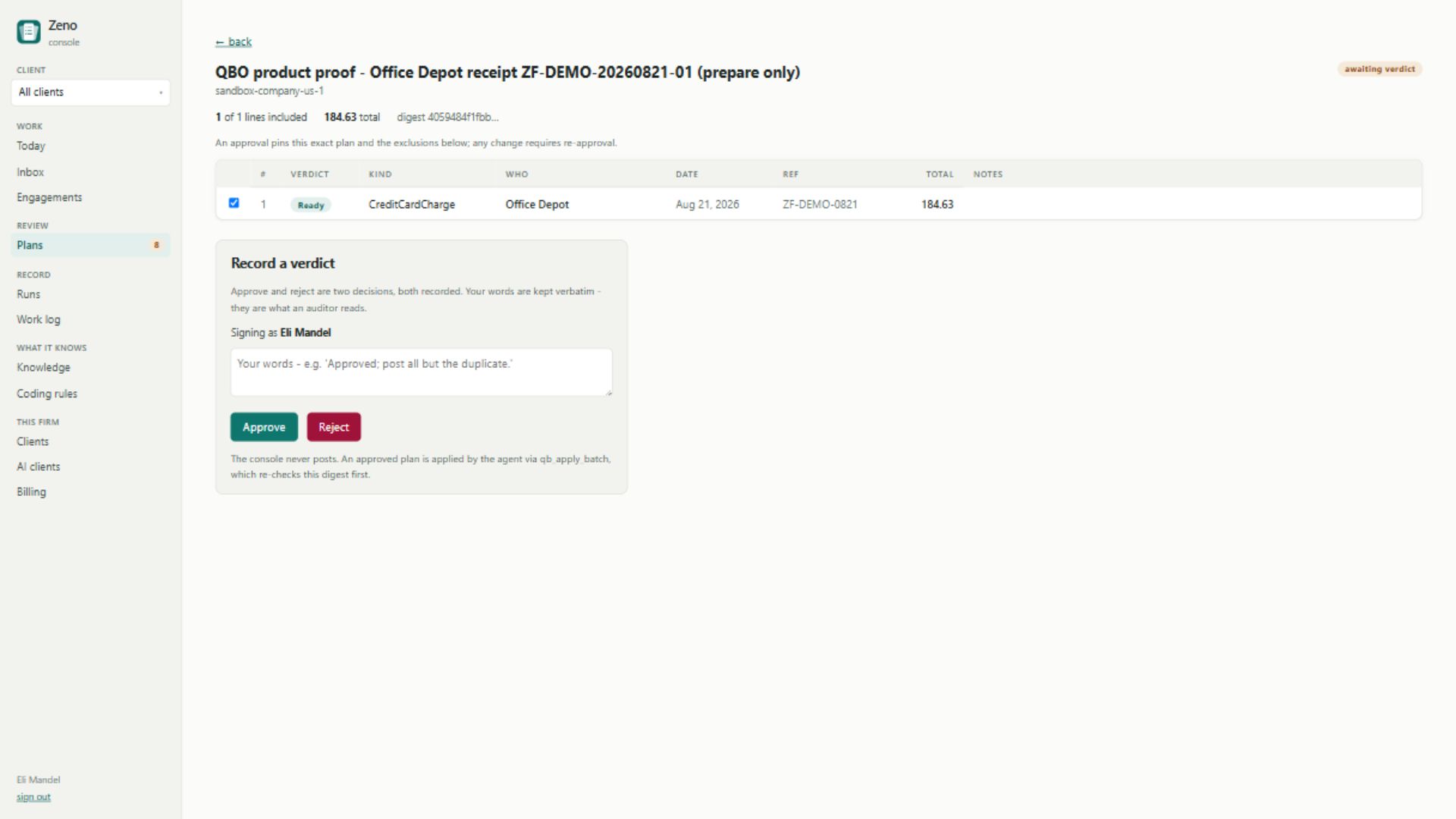 Zeno plan for a $184.63 Office Depot credit-card charge awaiting a human verdict