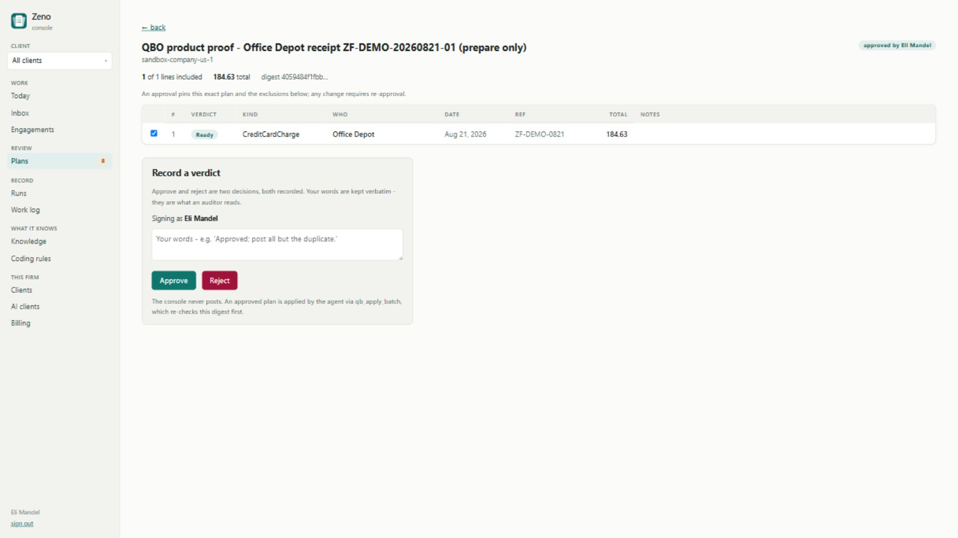The same Zeno plan marked approved by Eli Mandel while still separate from posting