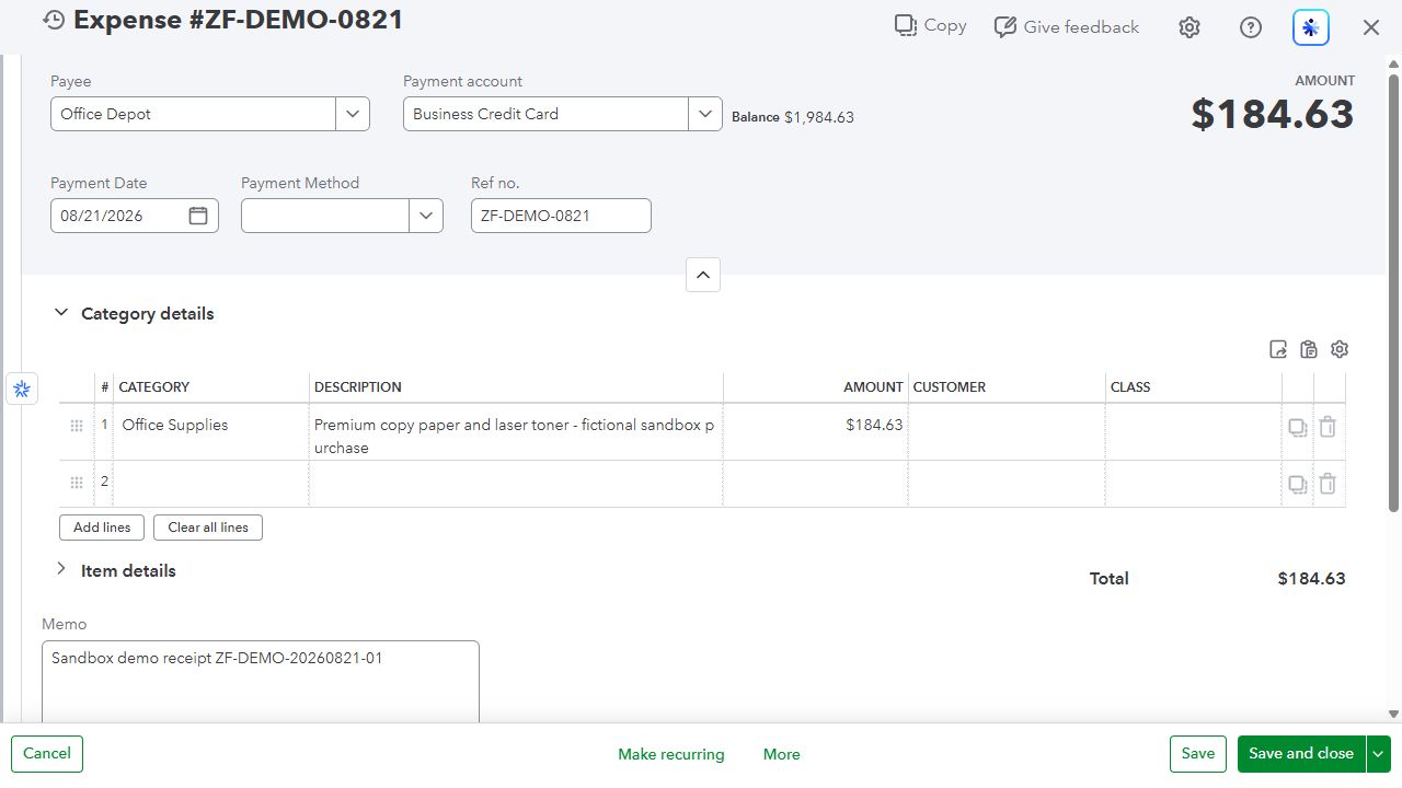 QuickBooks Online expense for Office Depot posted to Business Credit Card and Office Supplies for $184.63