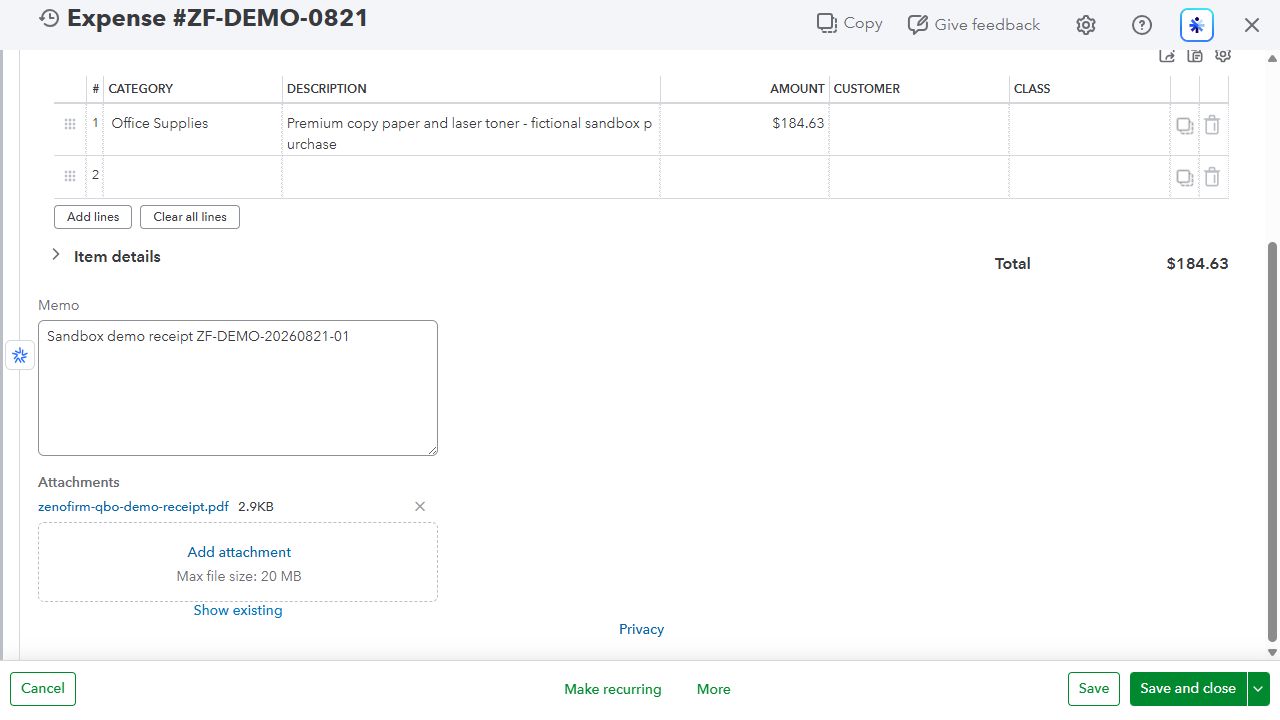 QuickBooks Online expense showing the Zenofirm demo PDF receipt attached to the transaction