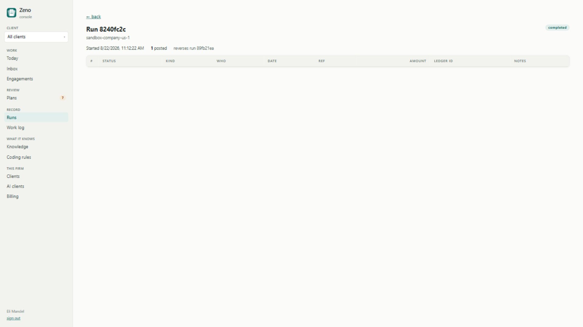 Zeno reversal run showing the QuickBooks Purchase successfully reversed