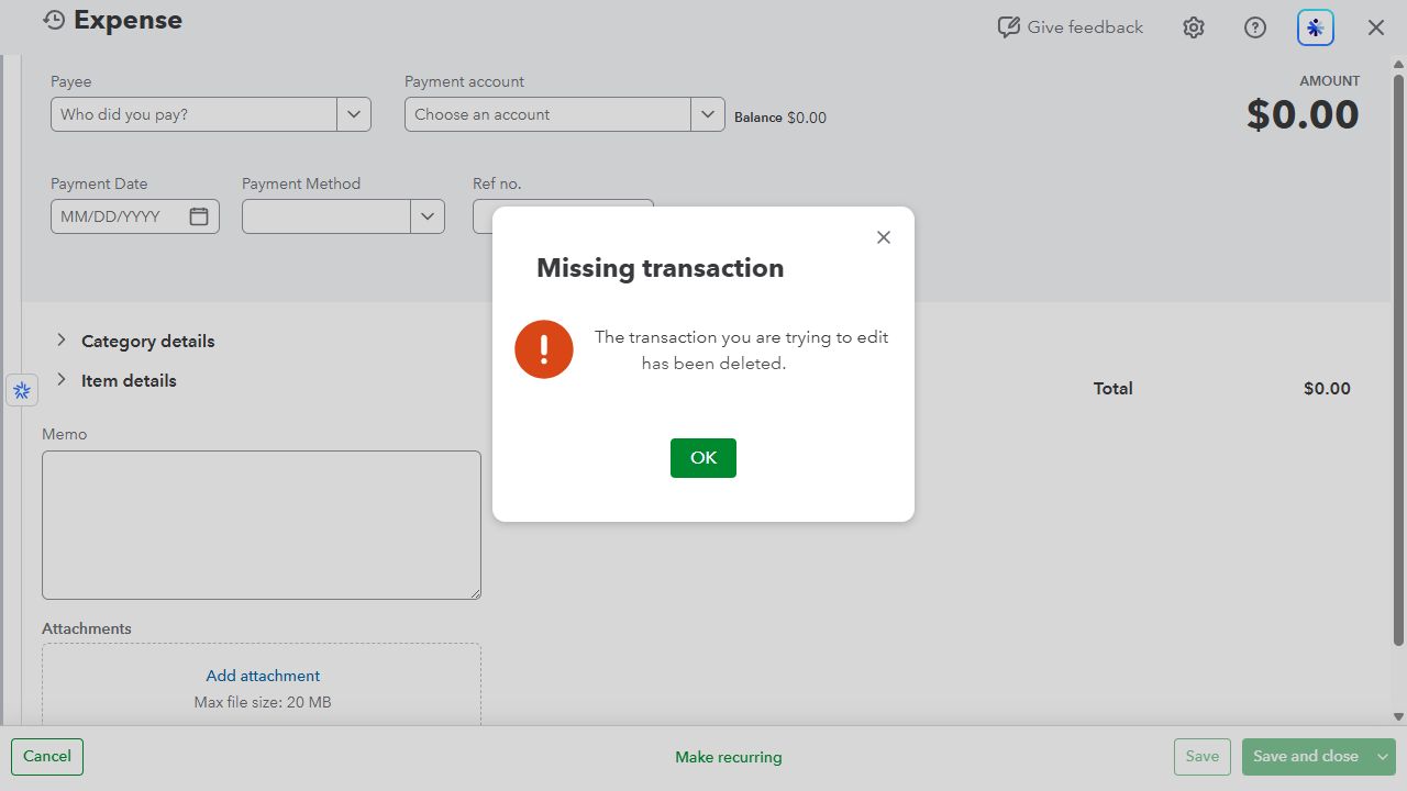 QuickBooks Online missing transaction dialog confirming that the expense has been deleted
