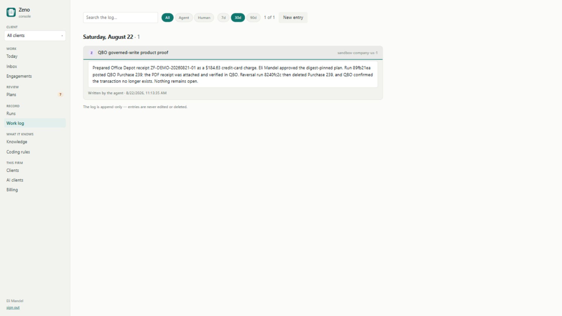 Zeno append-only work log recording the approved QuickBooks write, attached receipt, reversal, and remaining open work